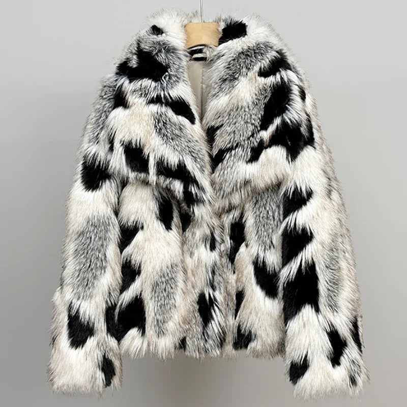 Retro Faux Fur Thicken Coat Women Fashion Casual Printed Plush Lapel Coats Jacket Female Winter Classic Chic Street Outwear