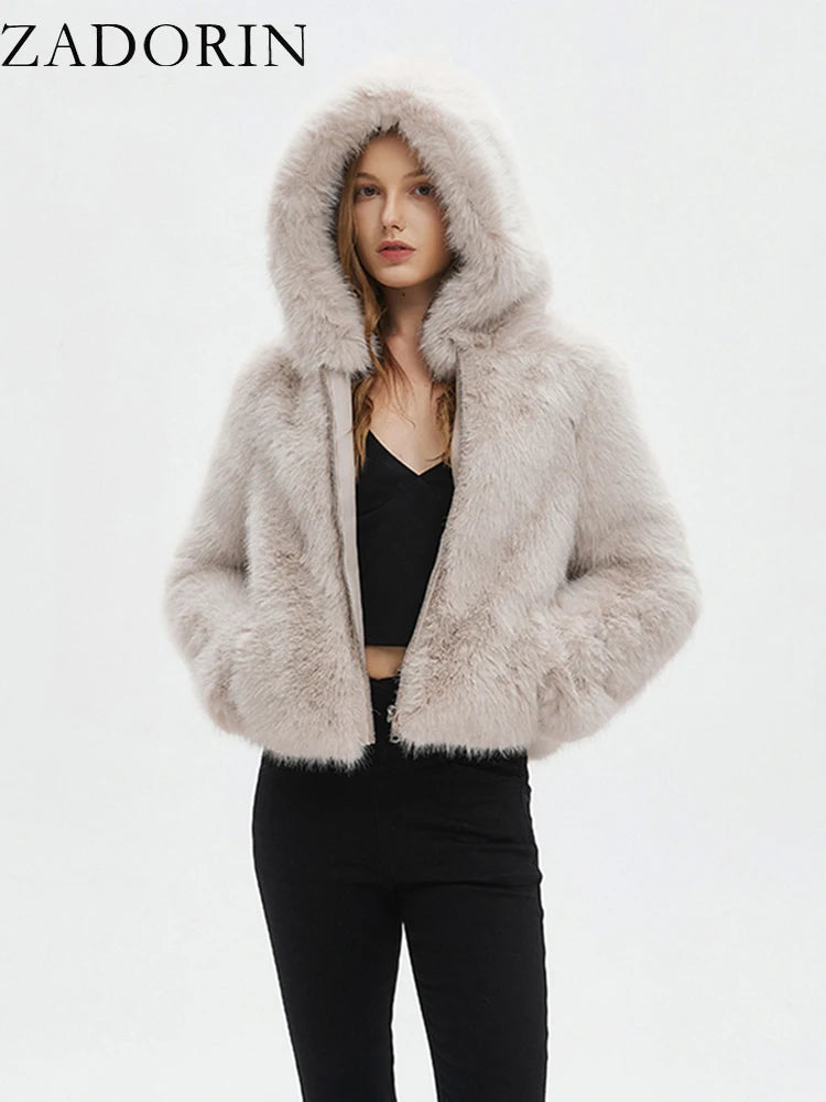 ZADORIN Women Winter Jacket Fluffy Warm Hooded Faux Fur Coat Women Clothing White Faux Fur Jacket Womens Jackets Winter 2025