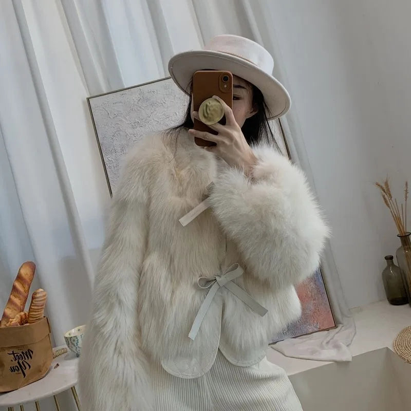Autumn Winter Thicken Faux Fox Fur Jacket for Women 2023 Short Plush Coat Korean Loose Warm Tied Waist Outerwear Black White