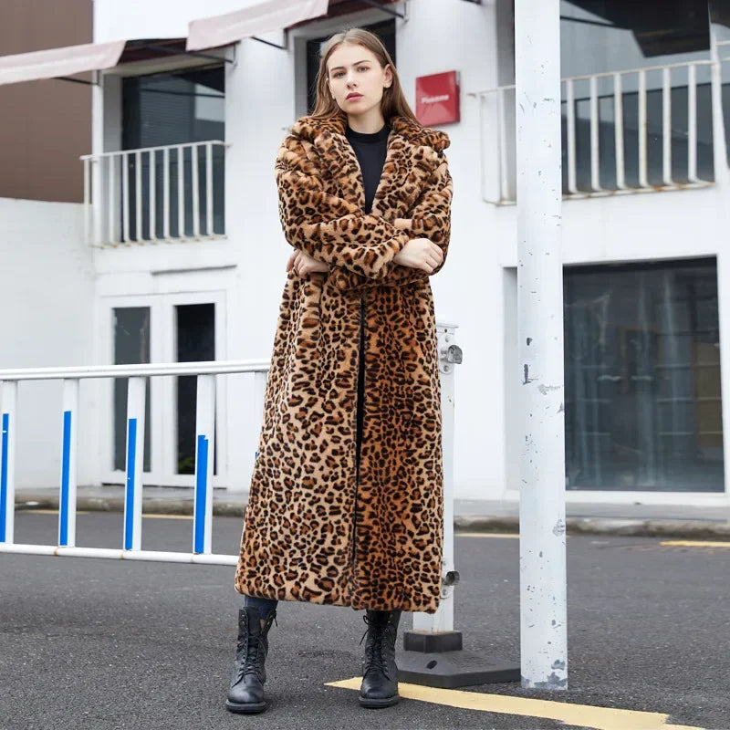 2026 High Street Leopard Print Long Faux Fur Coat Fuzzy Jacket for Women Winter Faux Rabbit Fur Plush Coats and Jackets Coat Fur