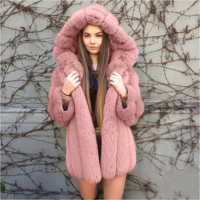 Fox Fur Faux Fur Coat Women's Hooded Mid-length Coat Winter Jacket Women Long Faux Fur Coat Faux Fur Cardigan S-5XL