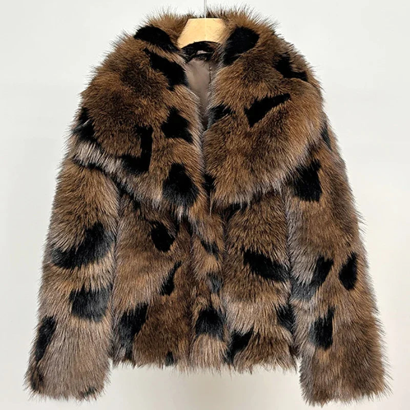 Retro Faux Fur Thicken Coat Women Fashion Casual Printed Plush Lapel Coats Jacket Female Winter Classic Chic Street Outwear