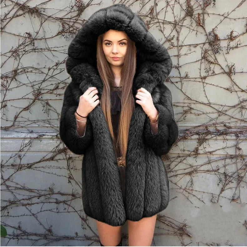 Fox Fur Faux Fur Coat Women's Hooded Mid-length Coat Winter Jacket Women Long Faux Fur Coat Faux Fur Cardigan S-5XL
