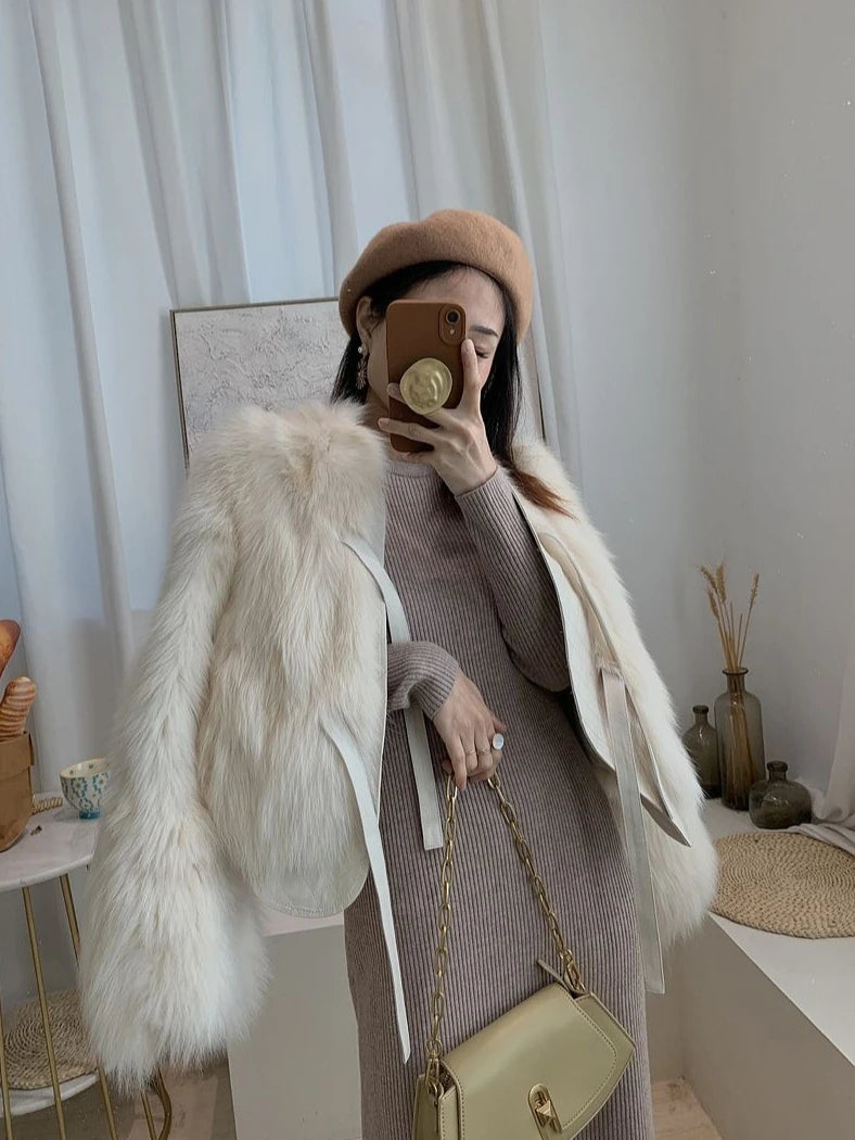 Autumn Winter Thicken Faux Fox Fur Jacket for Women 2023 Short Plush Coat Korean Loose Warm Tied Waist Outerwear Black White