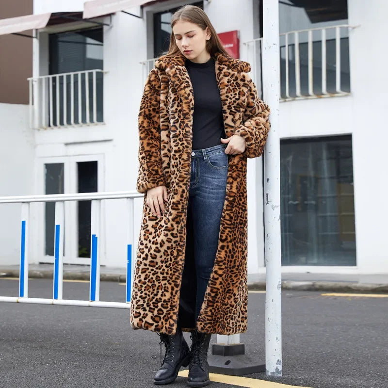 2026 High Street Leopard Print Long Faux Fur Coat Fuzzy Jacket for Women Winter Faux Rabbit Fur Plush Coats and Jackets Coat Fur