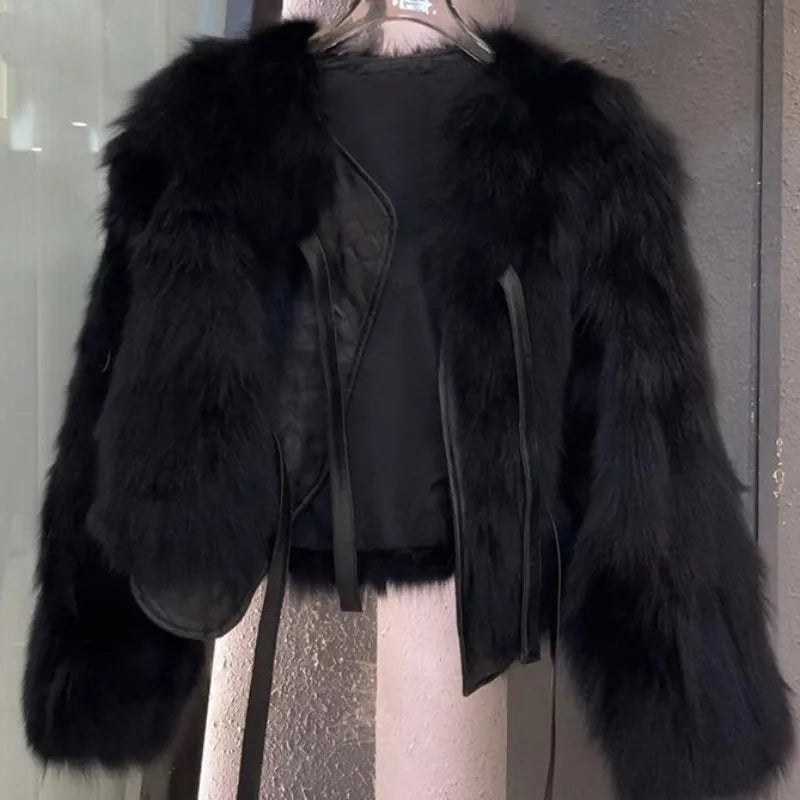 Autumn Winter Thicken Faux Fox Fur Jacket for Women 2023 Short Plush Coat Korean Loose Warm Tied Waist Outerwear Black White